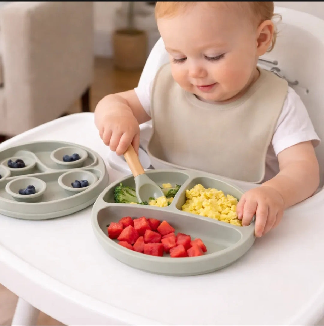 Premium Silicone Baby Suction Plate Set with Wooden Handle Spoon & Fork