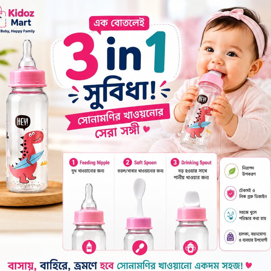 Multi-functional Baby Feeding Bottle with Nipple, Soft Spoon & Spout 3 in 1