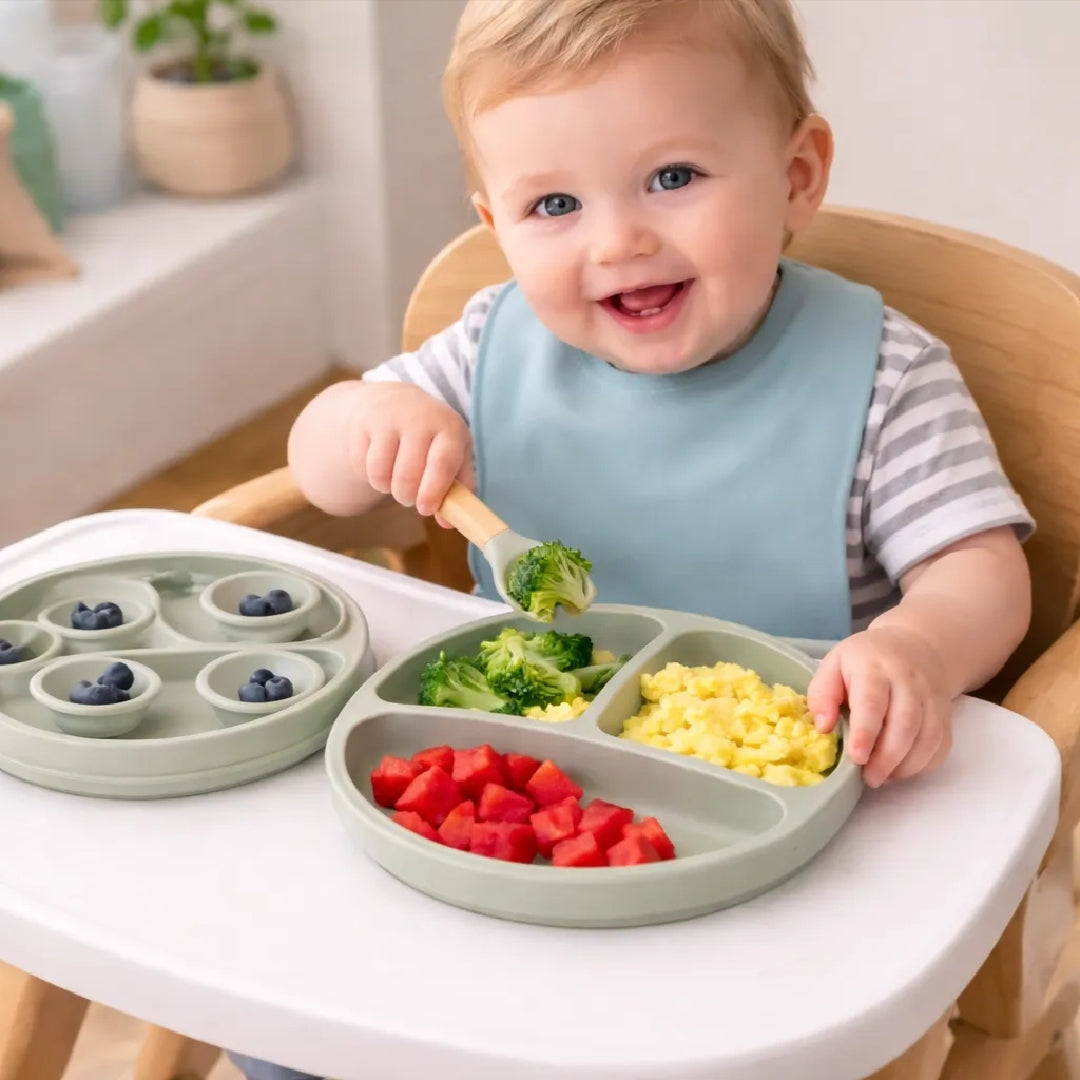 Premium Silicone Baby Suction Plate Set with Wooden Handle Spoon & Fork