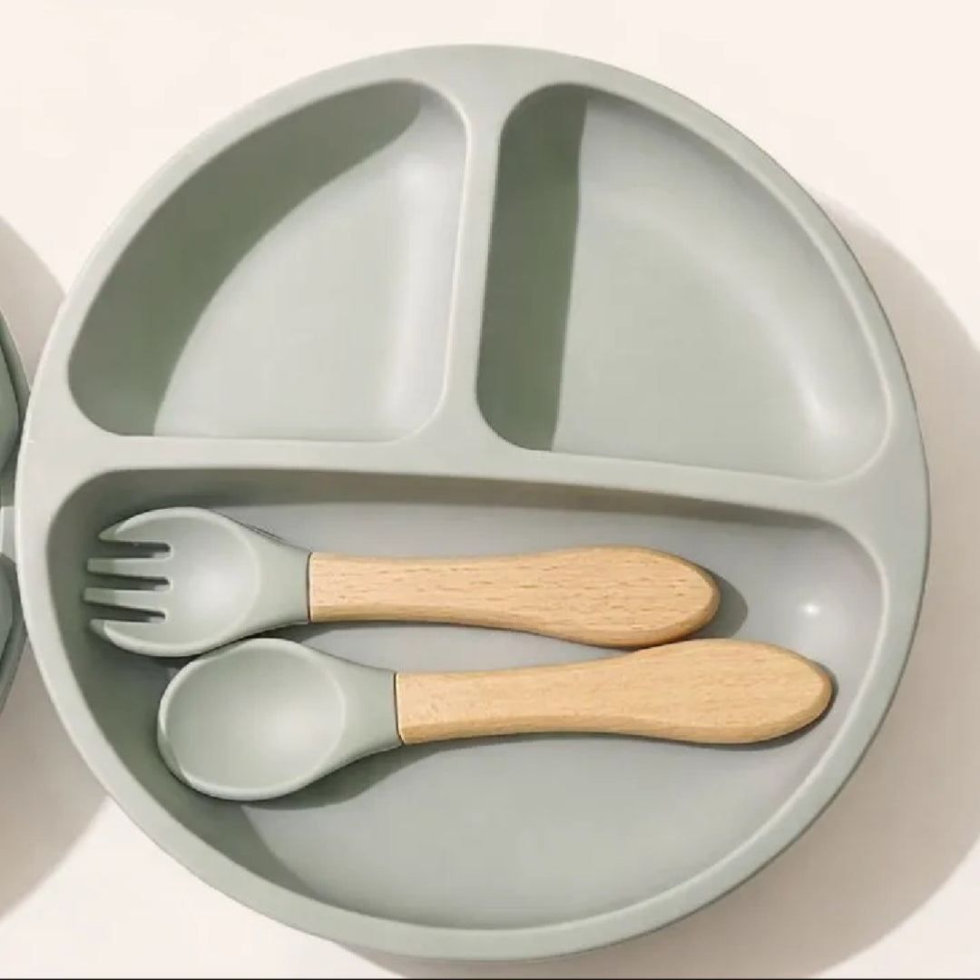 Premium Silicone Baby Suction Plate Set with Wooden Handle Spoon & Fork